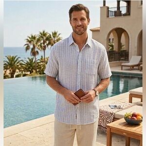 Weatherproof Men XL Striped Button Down Shirt Blue White Washable Linen Spring